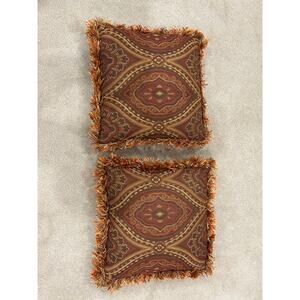 Pair paisley throw pillows red gold brown fringe trim no tag